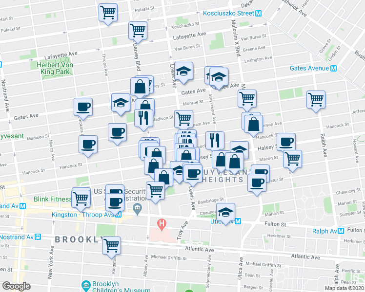 map of restaurants, bars, coffee shops, grocery stores, and more near 327 Lewis Avenue in Brooklyn