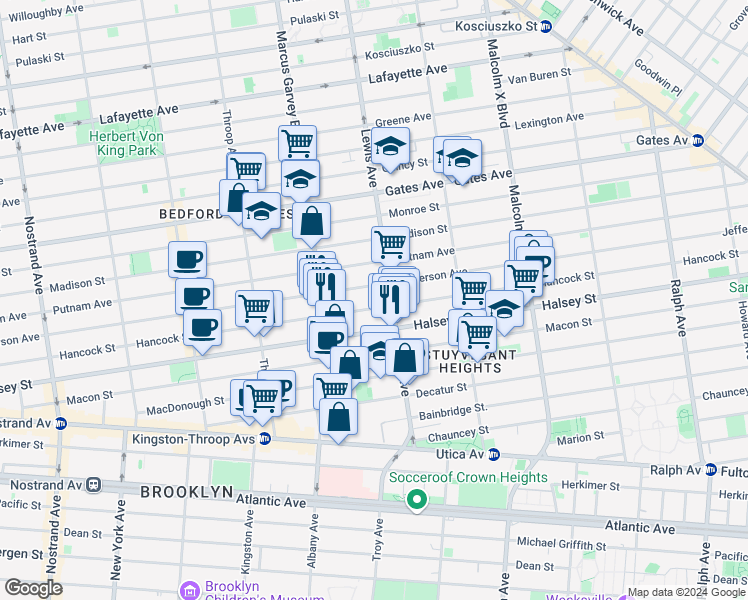 map of restaurants, bars, coffee shops, grocery stores, and more near 538 Jefferson Avenue in Brooklyn