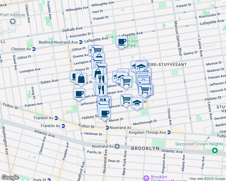 map of restaurants, bars, coffee shops, grocery stores, and more near 832 Marcy Avenue in Brooklyn