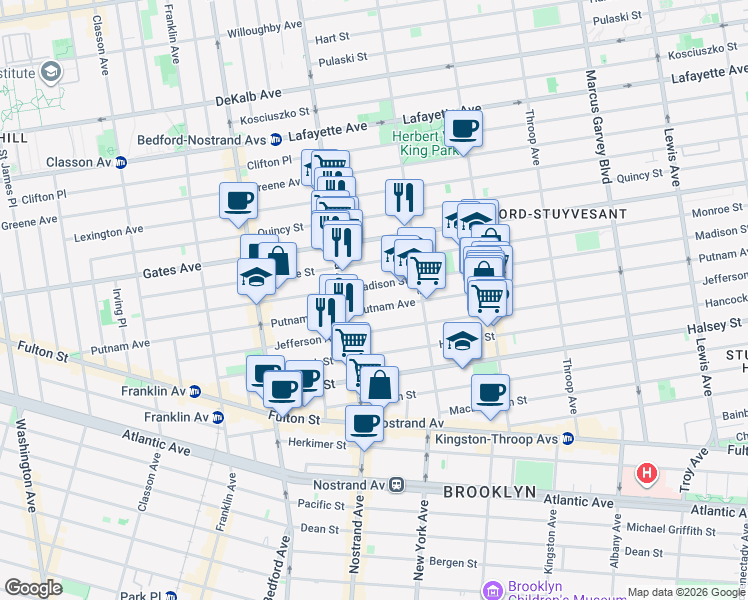 map of restaurants, bars, coffee shops, grocery stores, and more near 832 Marcy Avenue in Brooklyn