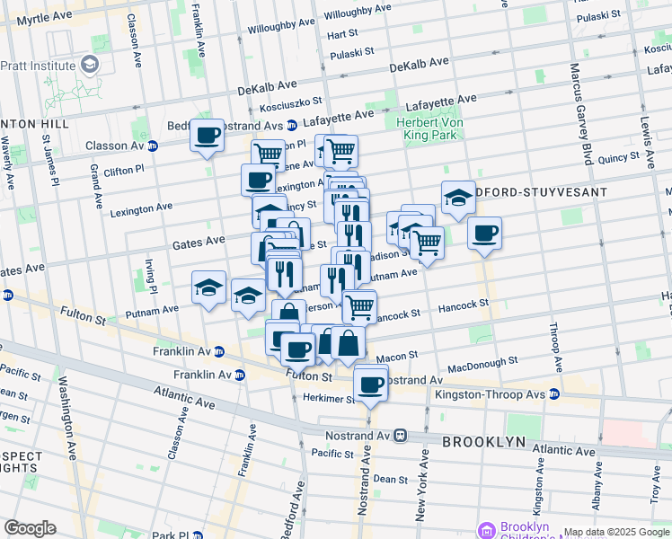map of restaurants, bars, coffee shops, grocery stores, and more near 192 Madison Street in Brooklyn