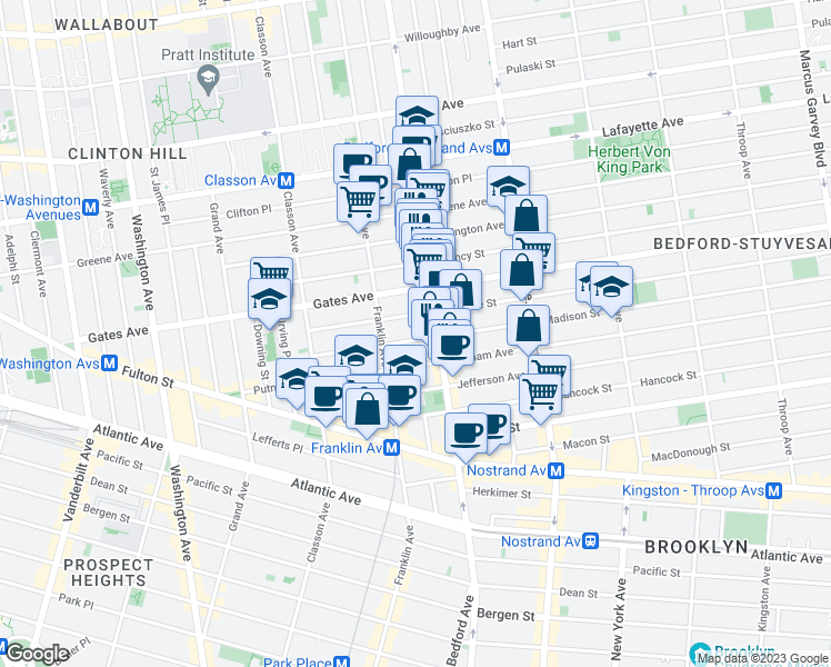 map of restaurants, bars, coffee shops, grocery stores, and more near 1160 Bedford Avenue in Brooklyn