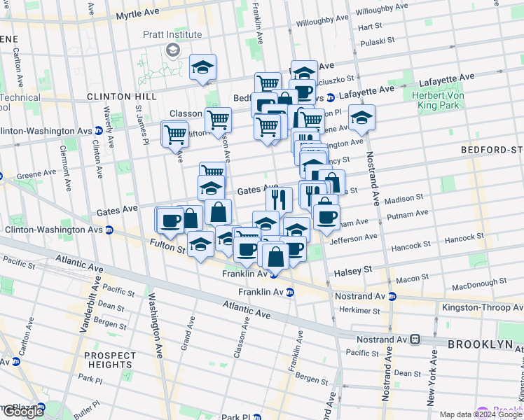 map of restaurants, bars, coffee shops, grocery stores, and more near 44 Monroe Street in Brooklyn