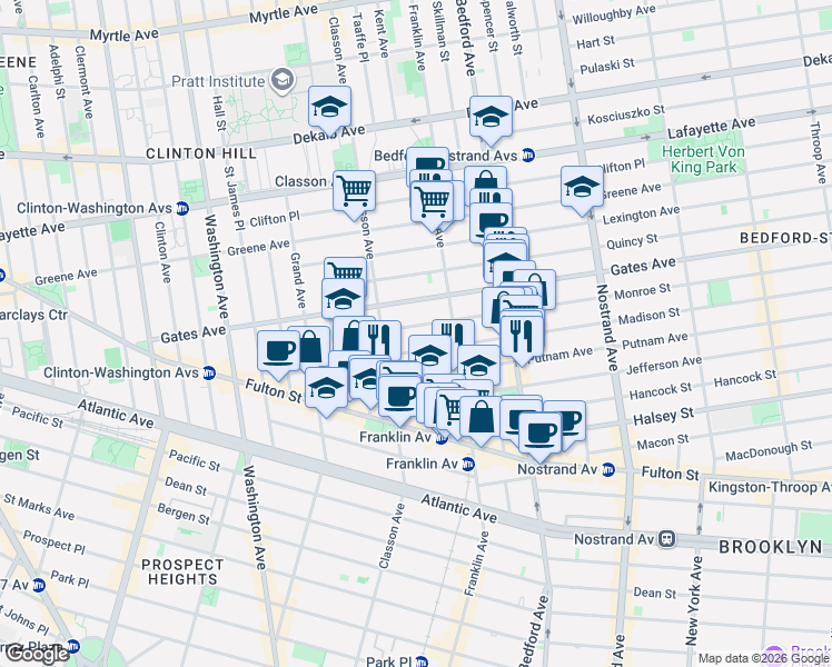 map of restaurants, bars, coffee shops, grocery stores, and more near 44 Monroe Street in Brooklyn