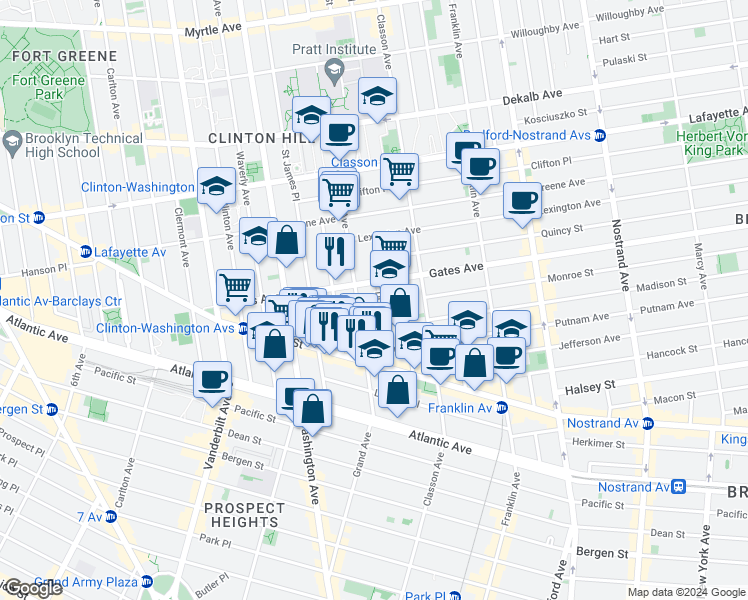 map of restaurants, bars, coffee shops, grocery stores, and more near 377 Grand Avenue in Brooklyn