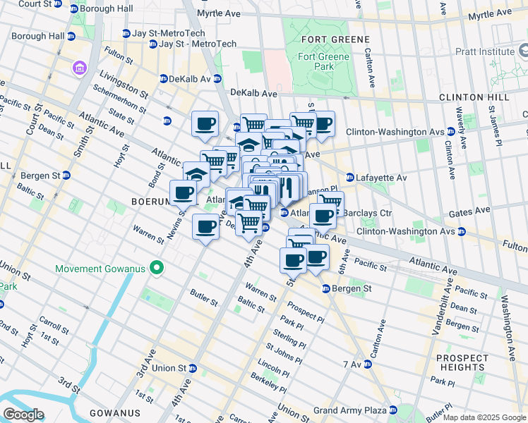map of restaurants, bars, coffee shops, grocery stores, and more near 565 Atlantic Avenue in Brooklyn