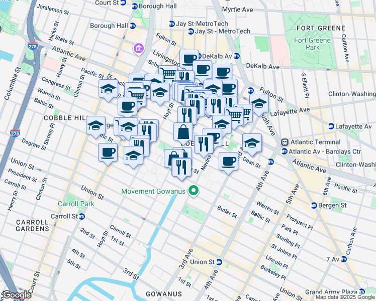 map of restaurants, bars, coffee shops, grocery stores, and more near 163 Bond Street in Brooklyn
