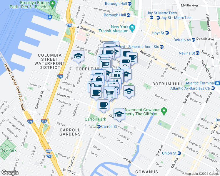 map of restaurants, bars, coffee shops, grocery stores, and more near 36 Butler Street in Brooklyn