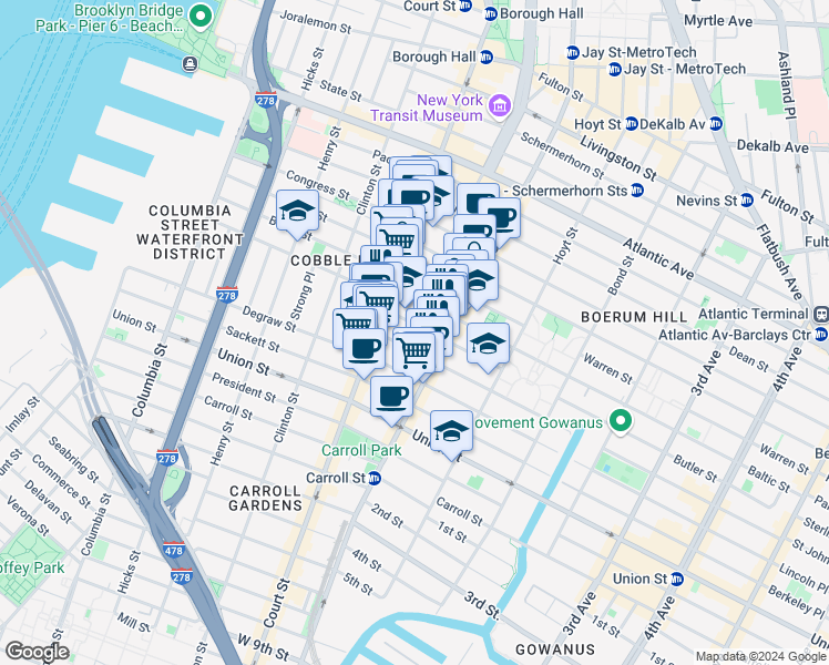 map of restaurants, bars, coffee shops, grocery stores, and more near 36 Butler Street in Brooklyn