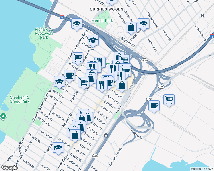 map of restaurants, bars, coffee shops, grocery stores, and more near 13 West 52nd Street in Bayonne
