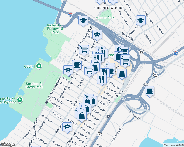 map of restaurants, bars, coffee shops, grocery stores, and more near in Bayonne