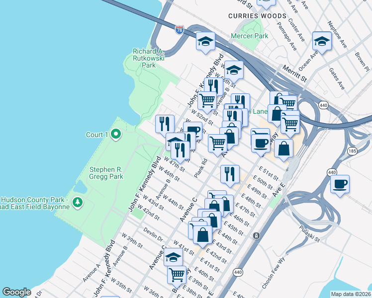 map of restaurants, bars, coffee shops, grocery stores, and more near 217 Avenue B in Bayonne
