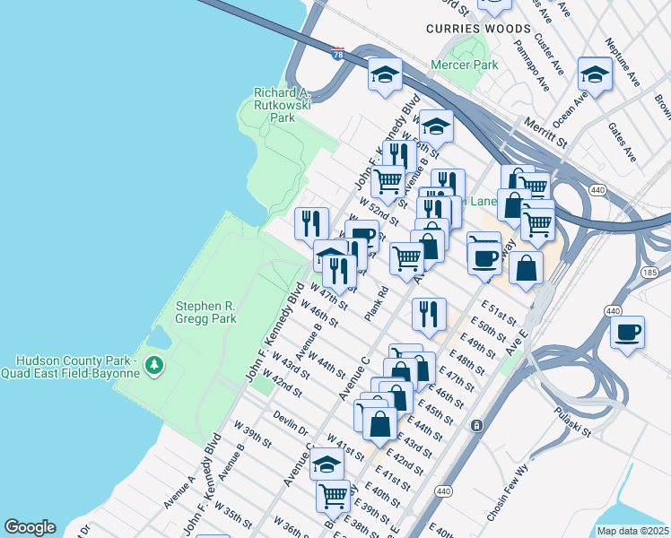 map of restaurants, bars, coffee shops, grocery stores, and more near 133 West 48th Street in Bayonne