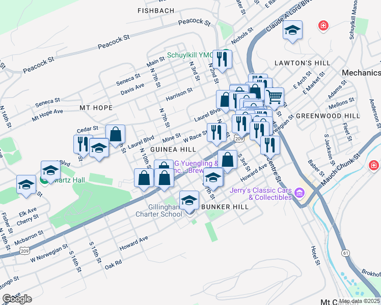 map of restaurants, bars, coffee shops, grocery stores, and more near 616 West Arch Street in Pottsville