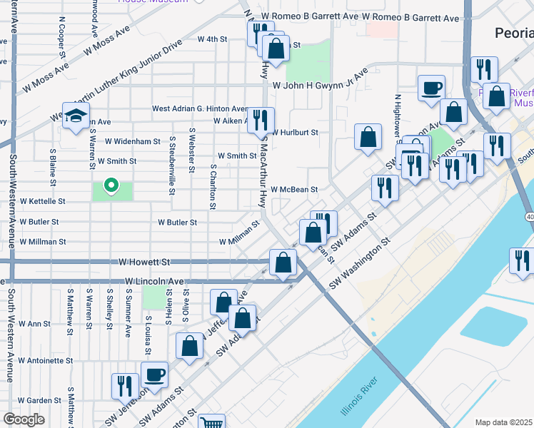 map of restaurants, bars, coffee shops, grocery stores, and more near 391 S Kersee St in Peoria