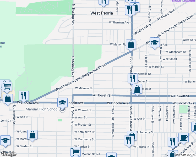 map of restaurants, bars, coffee shops, grocery stores, and more near 2203 West Butler Street in Peoria
