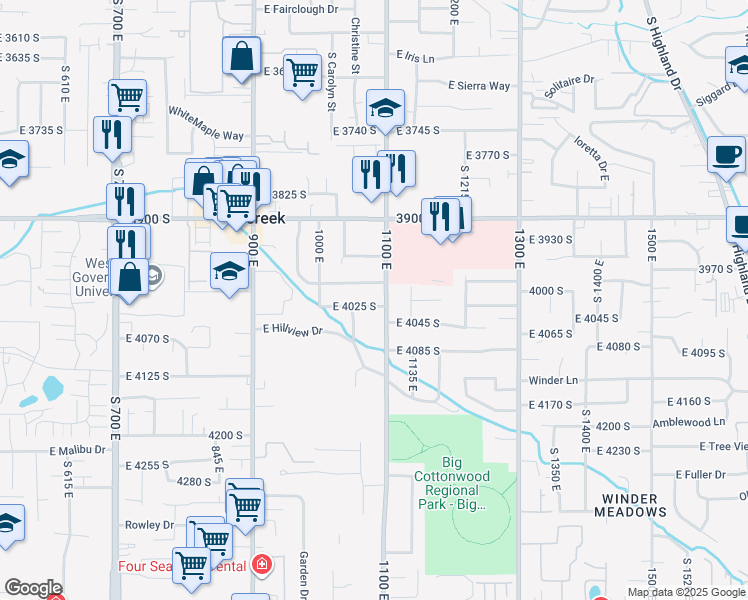 map of restaurants, bars, coffee shops, grocery stores, and more near 1077 East 4025 South in Millcreek