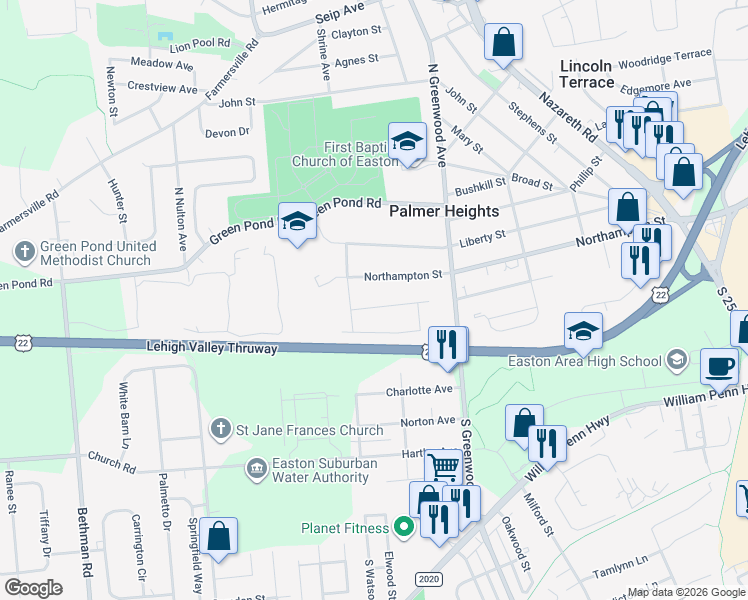 map of restaurants, bars, coffee shops, grocery stores, and more near 2933 Washington St in Easton