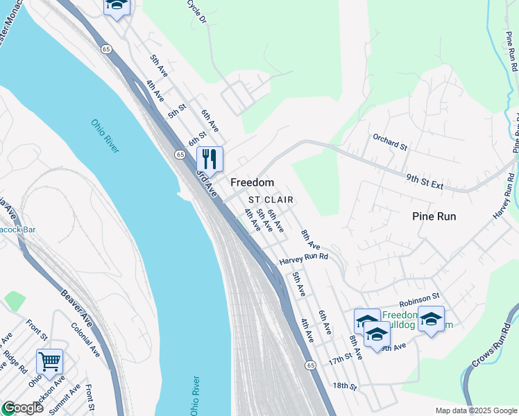 map of restaurants, bars, coffee shops, grocery stores, and more near 500 10th Street in Freedom