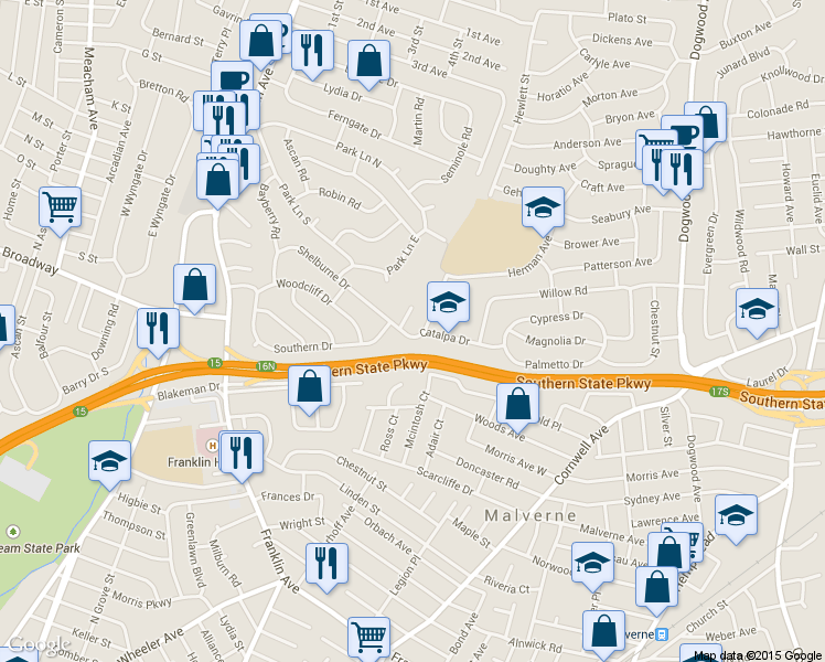 map of restaurants, bars, coffee shops, grocery stores, and more near 922 Catalpa Drive in Franklin Square