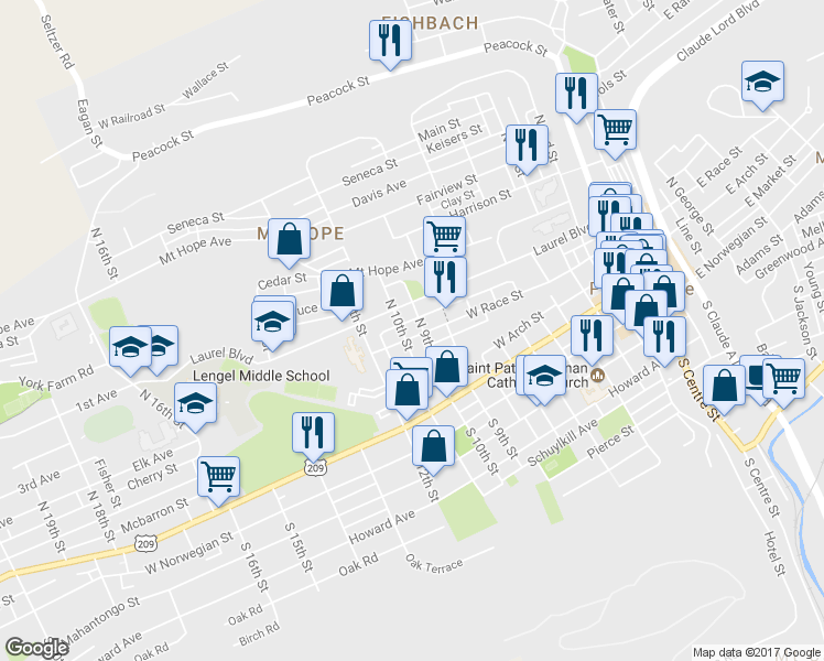 map of restaurants, bars, coffee shops, grocery stores, and more near 912 West Race Street in Pottsville