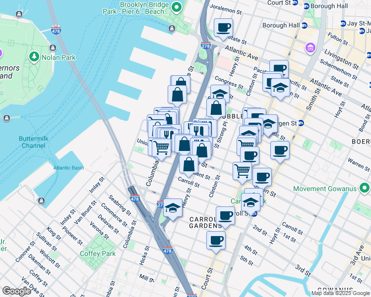 map of restaurants, bars, coffee shops, grocery stores, and more near 547 Hicks Street in Brooklyn