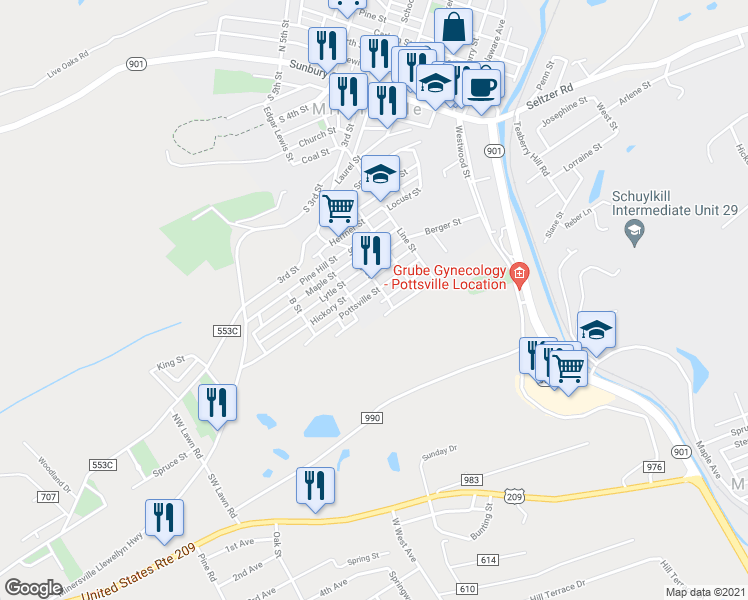 map of restaurants, bars, coffee shops, grocery stores, and more near 515 Pottsville Street in Minersville