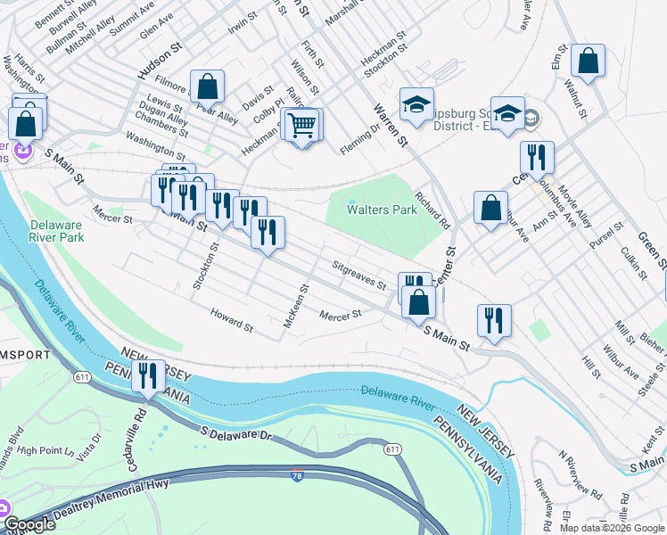 map of restaurants, bars, coffee shops, grocery stores, and more near 110 McKeen Street in Phillipsburg