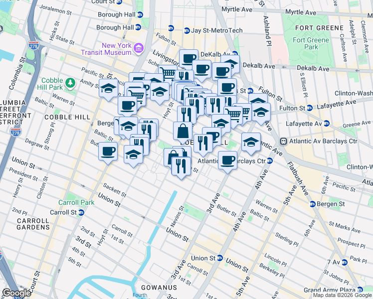 map of restaurants, bars, coffee shops, grocery stores, and more near 207 Wyckoff Street in Brooklyn
