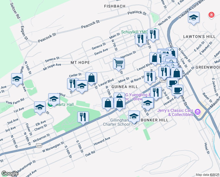 map of restaurants, bars, coffee shops, grocery stores, and more near 912 West Race Street in Pottsville