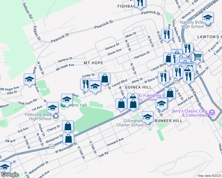 map of restaurants, bars, coffee shops, grocery stores, and more near 328 North 12th Street in Pottsville