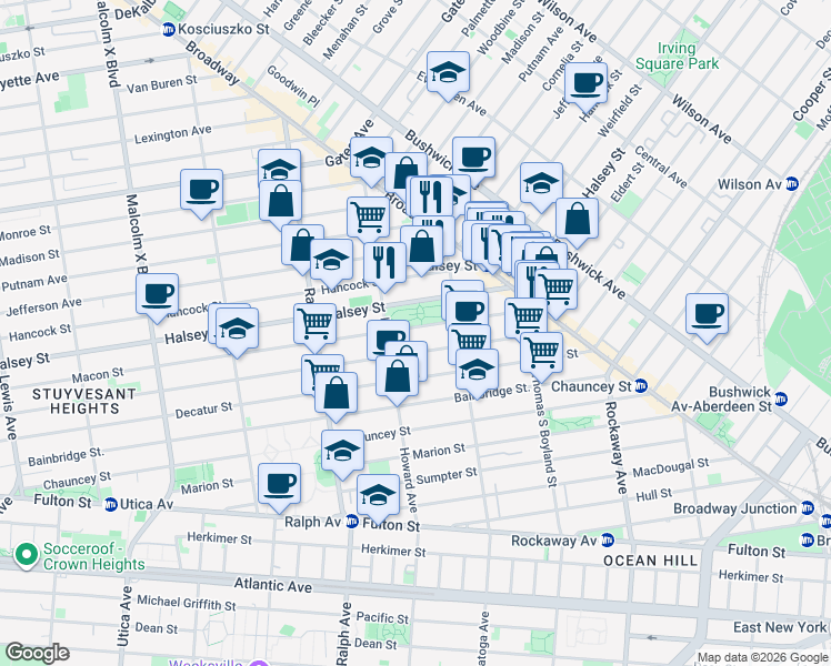 map of restaurants, bars, coffee shops, grocery stores, and more near 806 Macon Street in Brooklyn