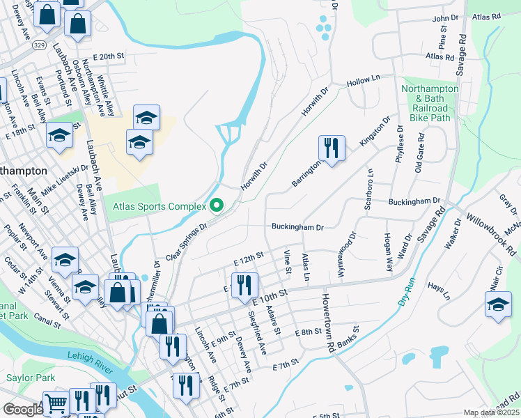map of restaurants, bars, coffee shops, grocery stores, and more near 1212 Northampton Avenue in Northampton