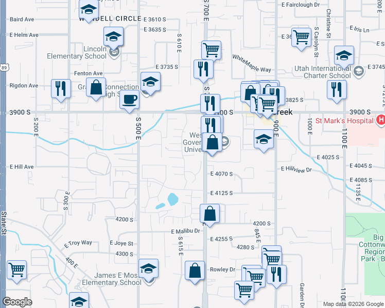 map of restaurants, bars, coffee shops, grocery stores, and more near 652 East 4025 South in Murray