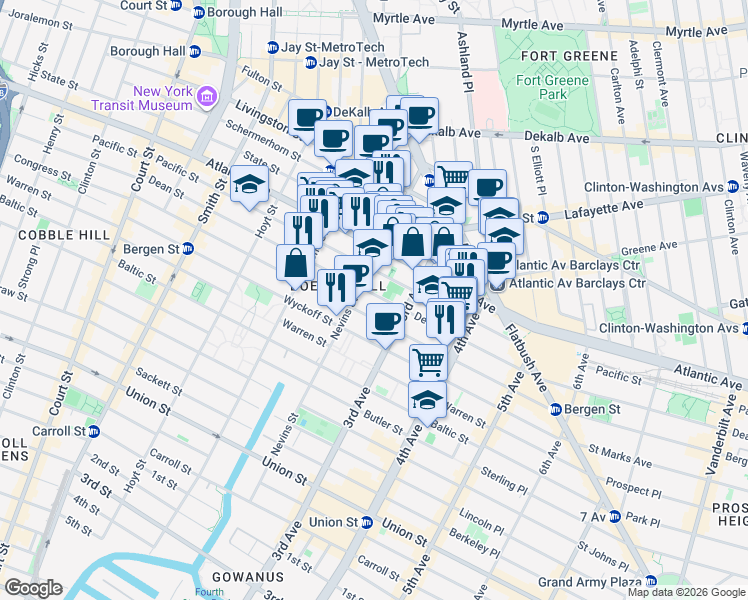 map of restaurants, bars, coffee shops, grocery stores, and more near 270 Dean Street in Brooklyn