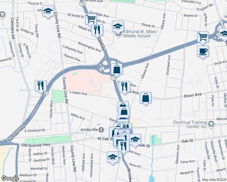 map of restaurants, bars, coffee shops, grocery stores, and more near 366 Broadway in Amityville