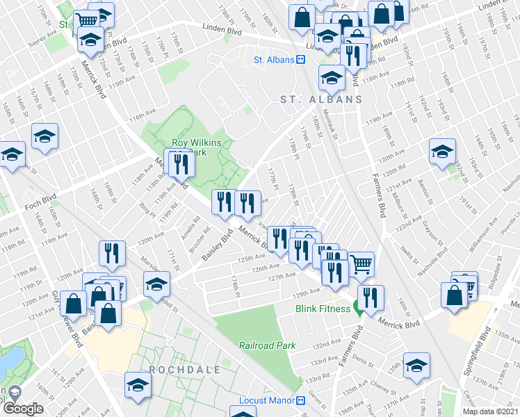 map of restaurants, bars, coffee shops, grocery stores, and more near 176-12 Roe Road in Queens