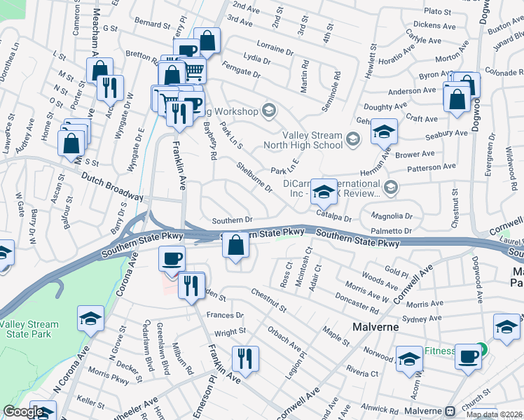 map of restaurants, bars, coffee shops, grocery stores, and more near 992 Sherman Drive in Franklin Square