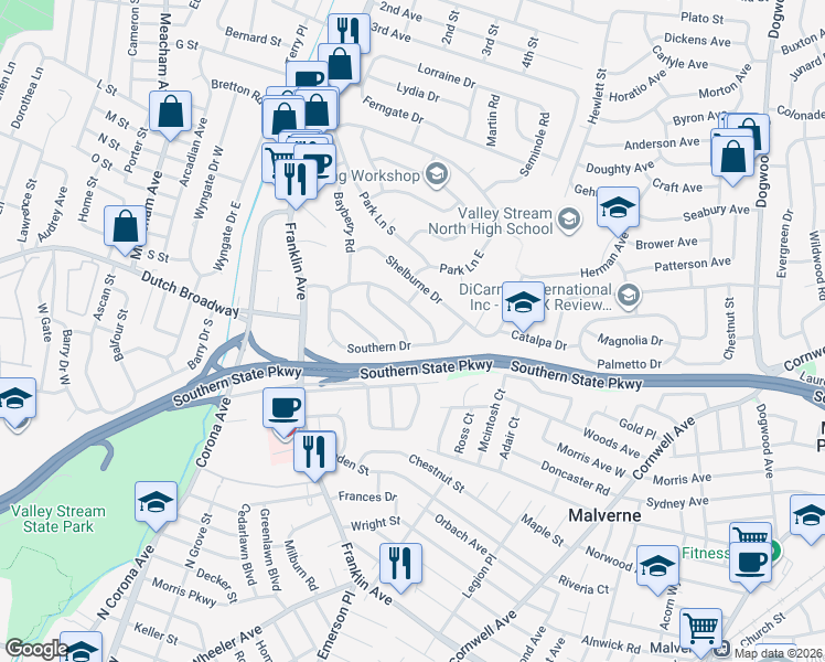 map of restaurants, bars, coffee shops, grocery stores, and more near 992 Sherman Drive in Franklin Square