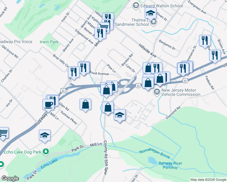 map of restaurants, bars, coffee shops, grocery stores, and more near 305 U.S. 22 in Springfield