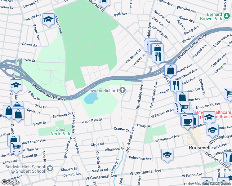 map of restaurants, bars, coffee shops, grocery stores, and more near 27 Wilbur Ln in Roosevelt