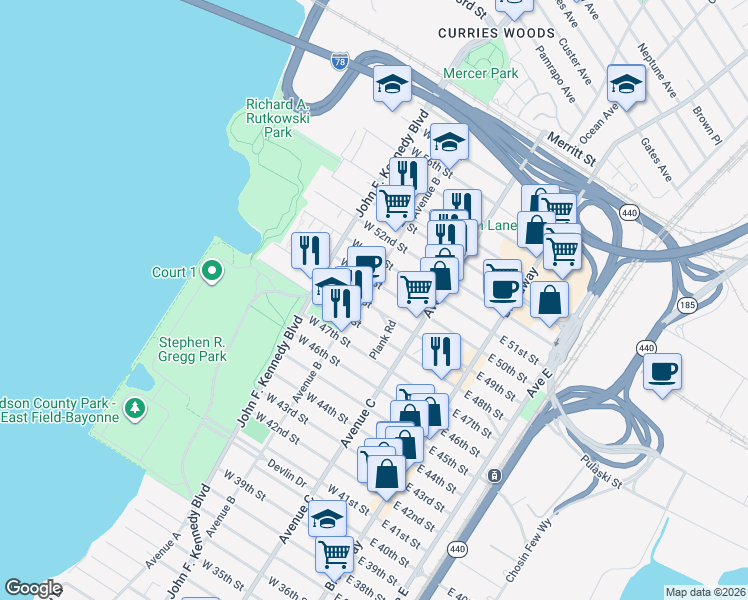 map of restaurants, bars, coffee shops, grocery stores, and more near 217 Avenue B in Bayonne