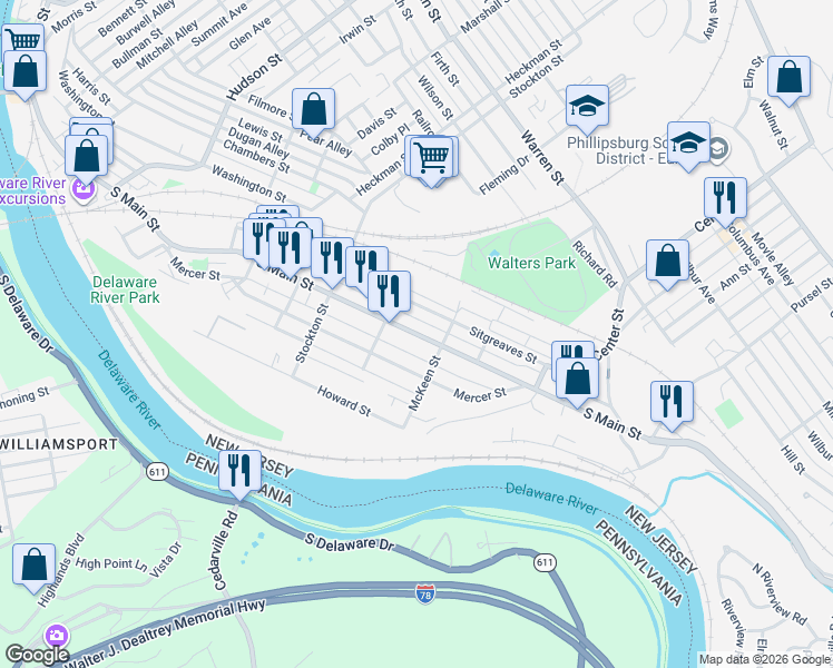 map of restaurants, bars, coffee shops, grocery stores, and more near 527 South Main Street in Phillipsburg