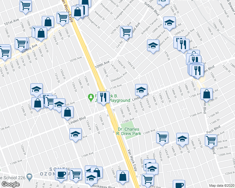 map of restaurants, bars, coffee shops, grocery stores, and more near 111-23 139th Street in Queens