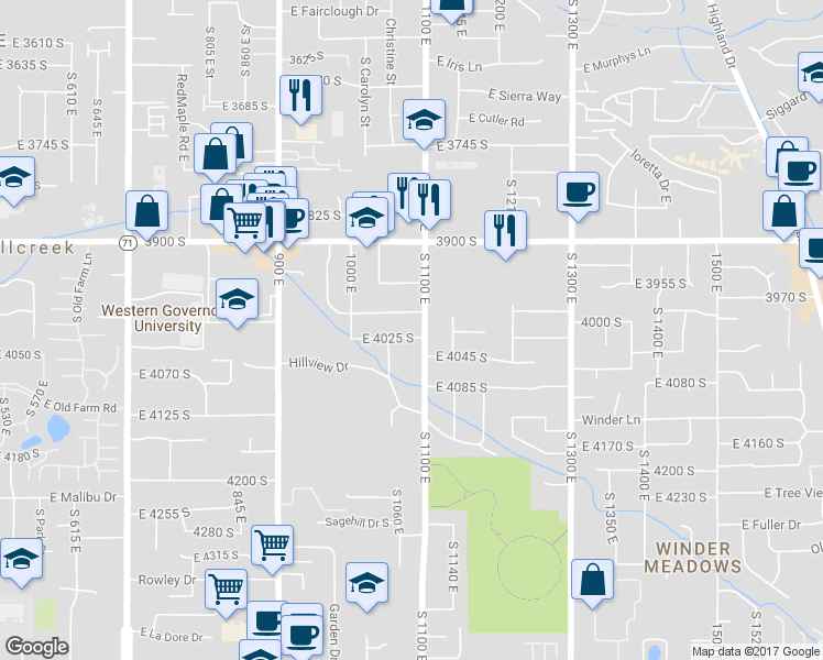 map of restaurants, bars, coffee shops, grocery stores, and more near 1077 East 4025 South in Millcreek