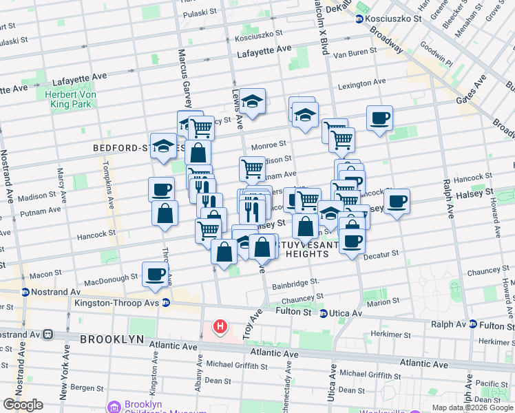 map of restaurants, bars, coffee shops, grocery stores, and more near 327 Lewis Avenue in Brooklyn