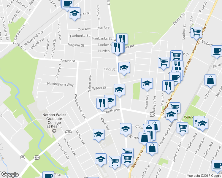 map of restaurants, bars, coffee shops, grocery stores, and more near 24 Wilder Street in Elizabeth