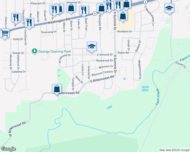 map of restaurants, bars, coffee shops, grocery stores, and more near 107 Blossom Terrace in Washington
