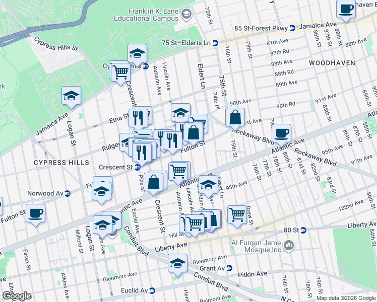 map of restaurants, bars, coffee shops, grocery stores, and more near 3436 Fulton Street in Brooklyn