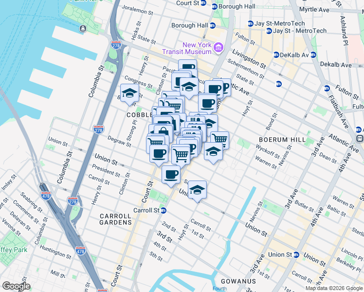 map of restaurants, bars, coffee shops, grocery stores, and more near 36 Butler Street in Brooklyn